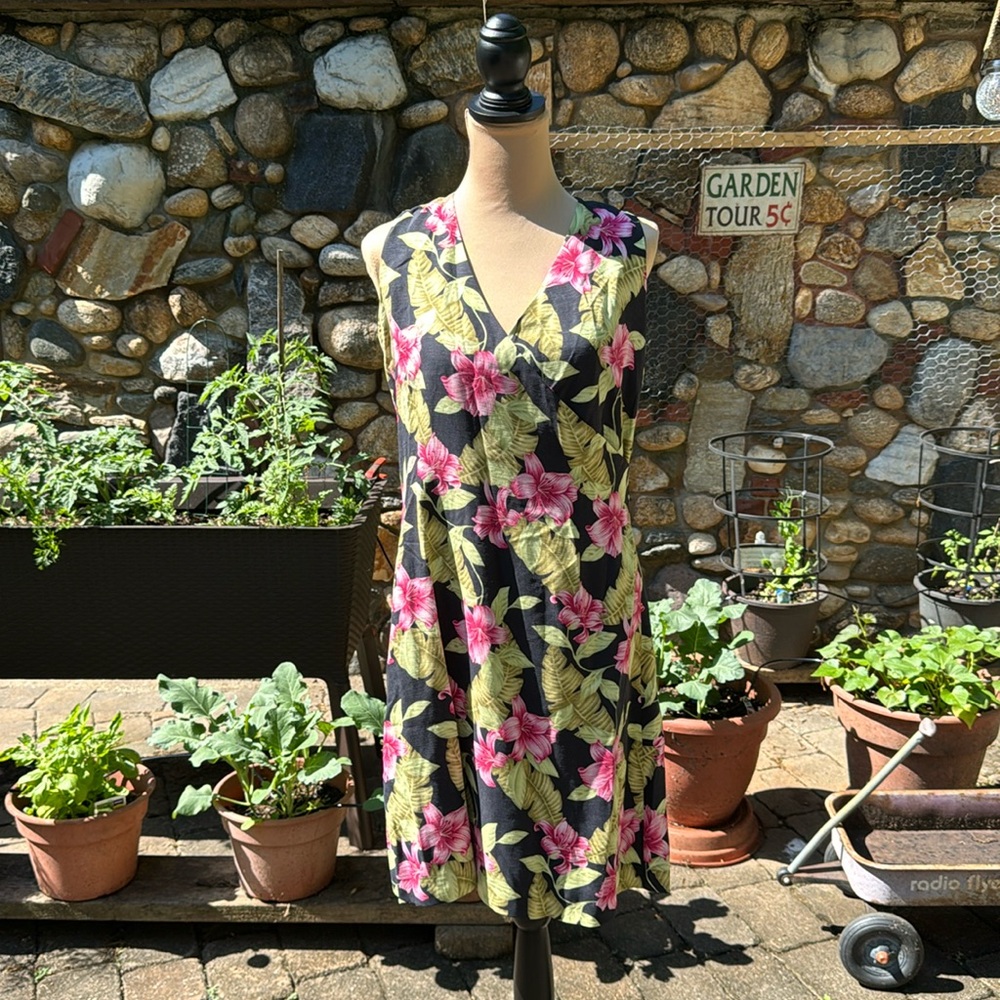 Tommy Bahama Black Floral Wrap-Style Mini Dress with Pink & Yellow Leaves